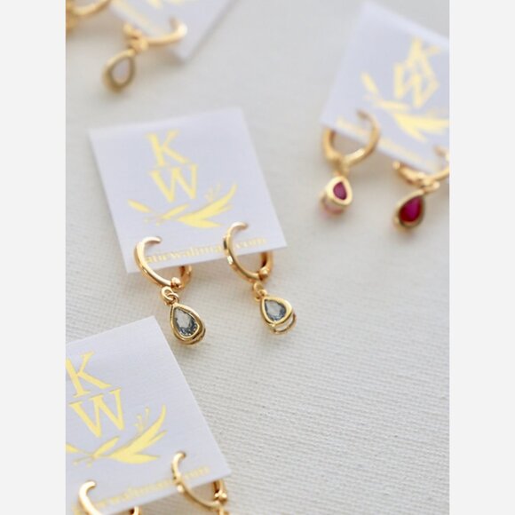 January Birthstone Huggie Earrings – Garnet Teardrop Charm on Gold Plated Hoops - Picture 2 of 6